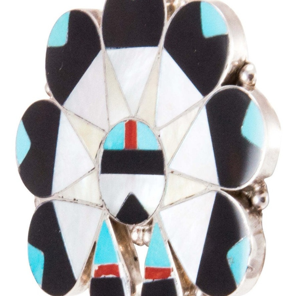 Zuni Native American Hancrafted Sunface Black and Turquoise Brooch/Pendant - Picture 2 of 4